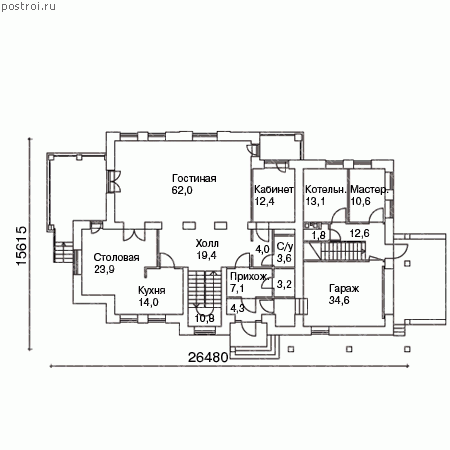План кирпичного дома E-693-1K, 1 этаж