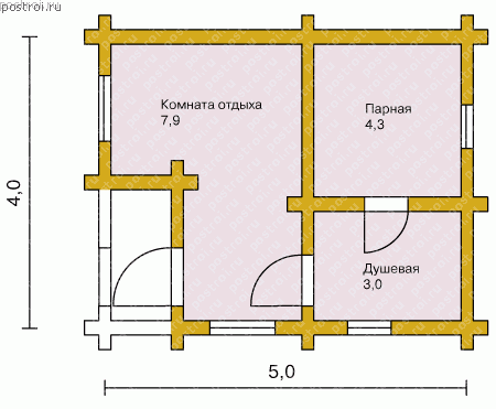 Проект деревянной бани № Q-020-2D - 1-й этаж