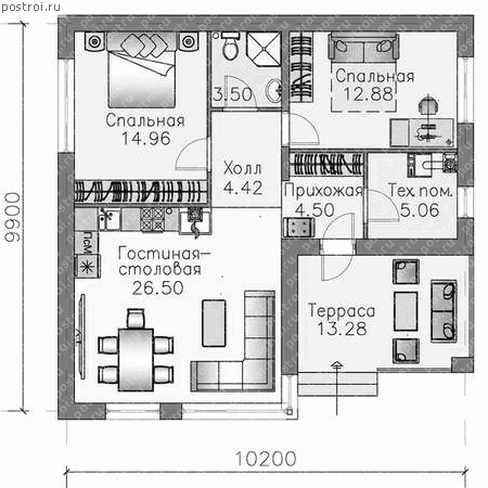 T-078-1P проект одноэтажного дома из пеноблока размером 10 на 10 и площадью  78 м2